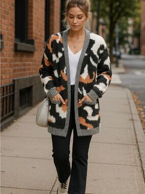 NWT Cozy Animal Camo Open Cardigan Sweater - Gray/White/Tan